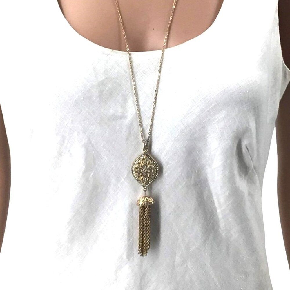 Tassel Necklace Gold Tone Rhinestone Inlay Adjustable Length Chain - Picture 4 of 4